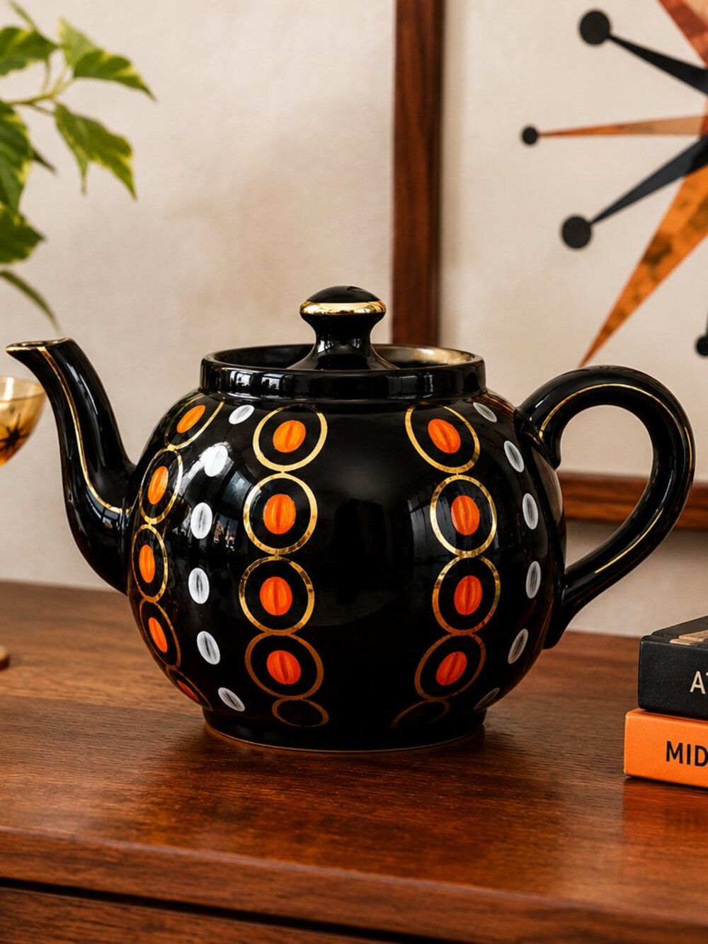 Vintage Ellgreave England Atomic Teapot Black Gold MCM Pottery